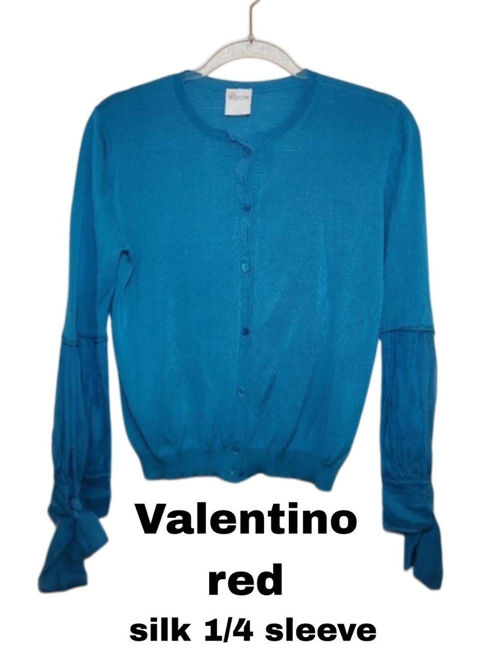 Valentino   Teap Blue Button Down Cardigan With Silk Ballloon 1/4 Sleeves Size M